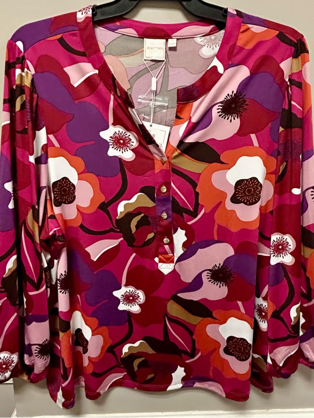 Bold Floral V-Neck Blouse in Fuchsia, Purple & Orange Zac & Rachel Sz 2X NWT